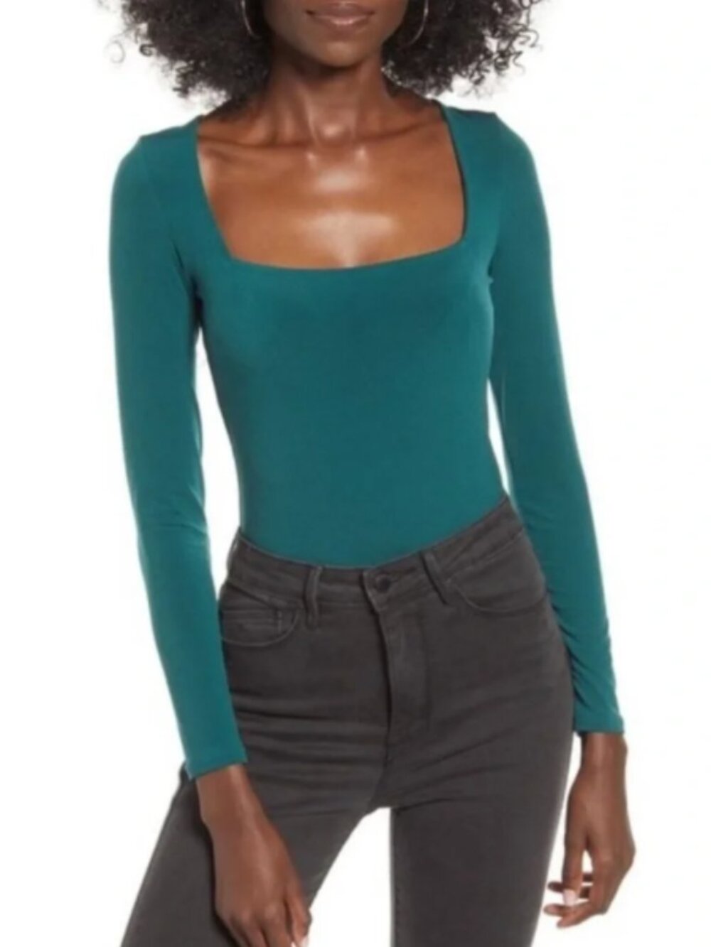 Leith Teal Green Long Sleeve Square Neck Bodysuit